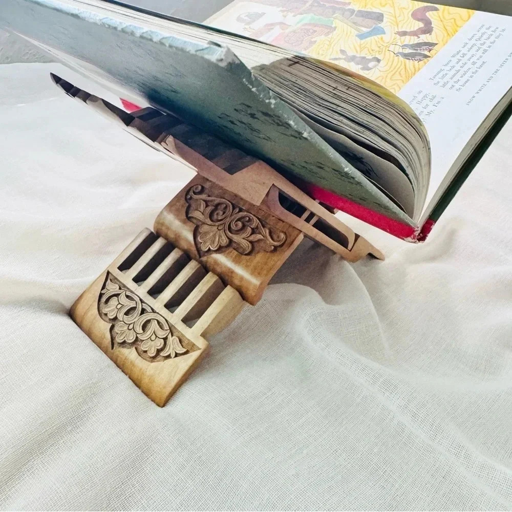 Hand carved Foldable Wooden Book Stand with folk art